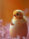 Cute small chick sitting in cracked eggshell. Soft warm apricot Easter greeting card. AI Generated