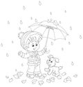 Boy and puppy hiding from the rain under an umbrella