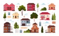 Cute small city town house set. Village buildings, doodle neighbourhood, tiny trees, doors, windows and roofs Royalty Free Stock Photo