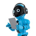 Cute and small artificial intelligence personal assistant robot with digital tablet isolated Royalty Free Stock Photo