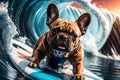Cute small dog, French bulldog, Frenchie, posing and playing, surfing on waves Royalty Free Stock Photo