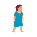 Cute small doodle girl. Cartoon baby in blue dress. Barefoot walking kid. Happy character playing in kindergarten