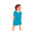 Cute small doodle girl. Cartoon baby in blue dress. Barefoot walking kid. Happy character playing in kindergarten. Smiling