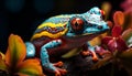 A cute, small eyed tree frog sitting on a vibrant leaf generated by AI