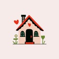 Cute small flat house. Cartoon traditional onestorey cottage with chimney, childish drawing of rural village building Royalty Free Stock Photo