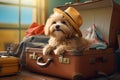 Cute small fluffy dog sitting in open suitcase with clothes and summer leisure items. Traveling with pets, preparing for Royalty Free Stock Photo
