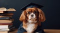 Cute small ginger white dog Cavalier King Charles Spaniel student in glasses and an academic cap Mortarboard next to books Study Royalty Free Stock Photo