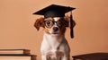 Cute small ginger white dog student in glasses and an academic cap Mortarboard next to books Study and education concept Royalty Free Stock Photo