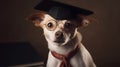 Cute small ginger white dog student in glasses and an academic cap Mortarboard next to books Study and education concept