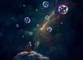 Cute small girl in dress making bubbles on cloud hill with colorful fractal nebula. Dreamlike digital painting, 3D rendering