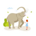 Cute small girl looking at the large elephant in the contact zoo vector flat illustration. African Elephant isolated on