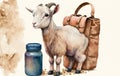 cute small goat figure with a bag and a cup of coffee Royalty Free Stock Photo