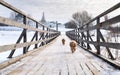 Cute small golden dogs running on snowy bridge. Family dog lifestyle Royalty Free Stock Photo