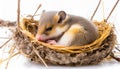 Cute small Hazel Dormouse, Muscardinus avellanarius, sleep in the nest isolated in a white background. Generative AI