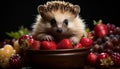 Cute small hedgehog eating strawberry, indoors, close up, no people generated by AI
