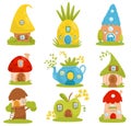 Cute small houses set, fairytale fantasy house for gnome, dwarf or elf vector Illustrations on a white background Royalty Free Stock Photo