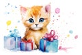 Cute Small Kitten with Colorful Presents Isolated on White Watercolor Illustration