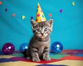 cute small kitten wearing a party hat.