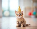 cute small kitten wearing a party hat.