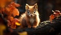 Cute small mammal sitting on a tree, fluffy fur, close up generated by AI