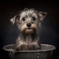 A cute small mixed breed terrier dog in a bathtub Generative AI