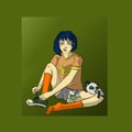 Cute small Panda beautiful Asian girl with blue hair eating noodles and orange socks on green background cartoon digital drawing