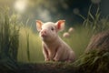 Cute small piglet in grass, Generative AI