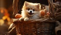 Cute small puppy sitting in a basket, nature young animal generated by AI Royalty Free Stock Photo