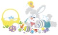 Happy little grey bunny painting ornate Easter eggs