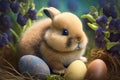 Cute small rabbit with many colourful easter eggs around. Generative AI