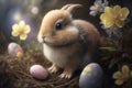 Cute small rabbit with many colourful easter eggs around. Generative AI