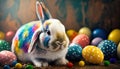 Cute small rabbit with many colourful easter eggs around. Generative AI