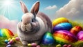 Cute small rabbit with many colourful easter eggs around. Generative AI