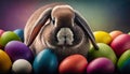 Cute small rabbit with many colourful easter eggs around. Generative AI
