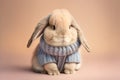 Cute small rabbit wearing a grey woolen jersey on a orange background. Generative AI