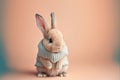 Cute small rabbit wearing a grey woolen jersey on a orange background. Generative AI