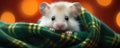 Cute small rat wrapped in knitted plaid. Cute funny mouse under knitted blanket