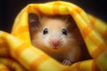 Cute small rat wrapped in yellow knitted plaid. Cute funny mouse under knitted blanket.