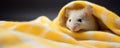 Cute small rat wrapped in yellow knitted plaid. Cute funny mouse under knitted blanket.