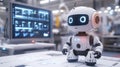 Cute small robot in factory setting beside computers Royalty Free Stock Photo