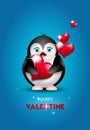 Valentine`s penguin with red hearts