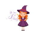 Cute small witch casts a spell with the magic wand. Young red-haired kid girl wearing purple dress and hat. Vector flat Royalty Free Stock Photo