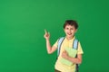 Cute smart boy with a school bag and a book in his hand directs attention Royalty Free Stock Photo