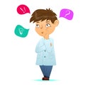 Cute smart boy is thinking over a problem. Scientist boy thought. Cartoon character, mascot