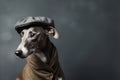 Cute smart Greyhound dog wearing a hat beret and a suit with a vintage camera lying on a dark background