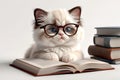 cute smart kitten wearing glasses reading a book, isolated on a white background Royalty Free Stock Photo