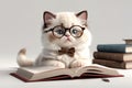 cute smart kitten wearing glasses reading a book, isolated on a white background Royalty Free Stock Photo