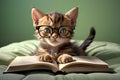 cute smart kitten wearing glasses reading a book, isolated on a white background Royalty Free Stock Photo