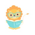 Cute Smart Lion in Glasses Reading Book, Funny African Animal Cartoon Character Vector Illustration Royalty Free Stock Photo