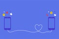 Cute smart phones flat design with love connection line on blue background